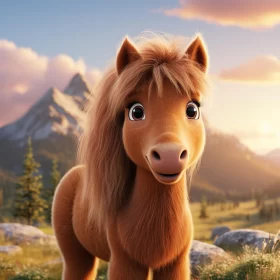 Charming Cartoon Pony in a Mountainous Landscape AI Image