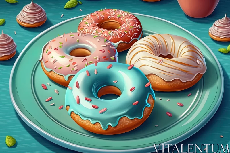 AI ART Colorful Doughnuts on Blue Plate in 2D Game Art Style