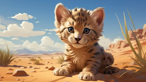 Cute Baby Cheetah in Cartoony Desert - Digital Art AI Image