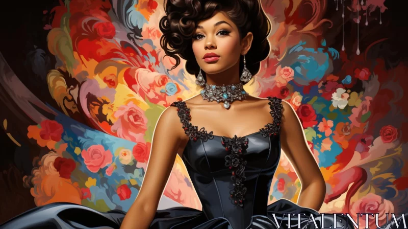 Elegant Woman in Black Dress: A Harlem Renaissance Inspired Artwork AI Image