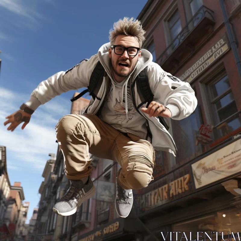 Man in Glasses and Hoodie Leaping in Urban Landscape AI Image