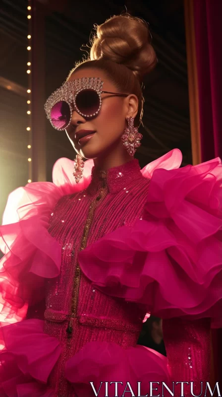 AI ART Maximalist Fashion Show - Woman in Pink Dress with Sunglasses