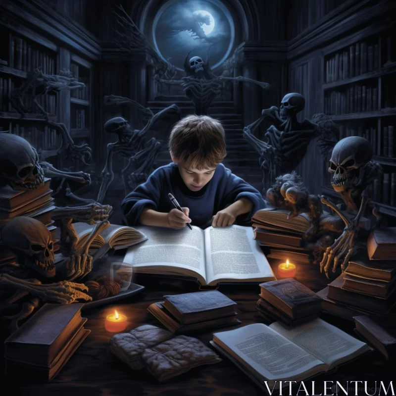 Mystical Boy Reading with Skeletons - Timeless Artistry AI Image