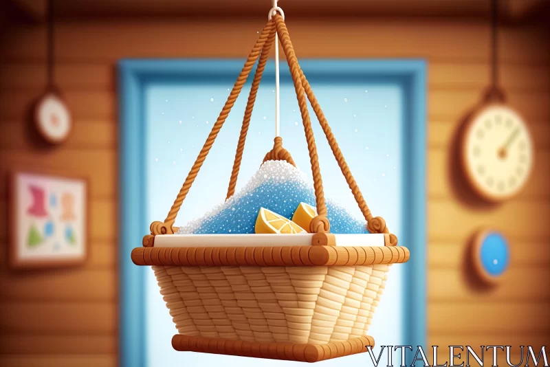 Snowy Scene of Suspended Wicker Basket in Cartoon Realism AI Image