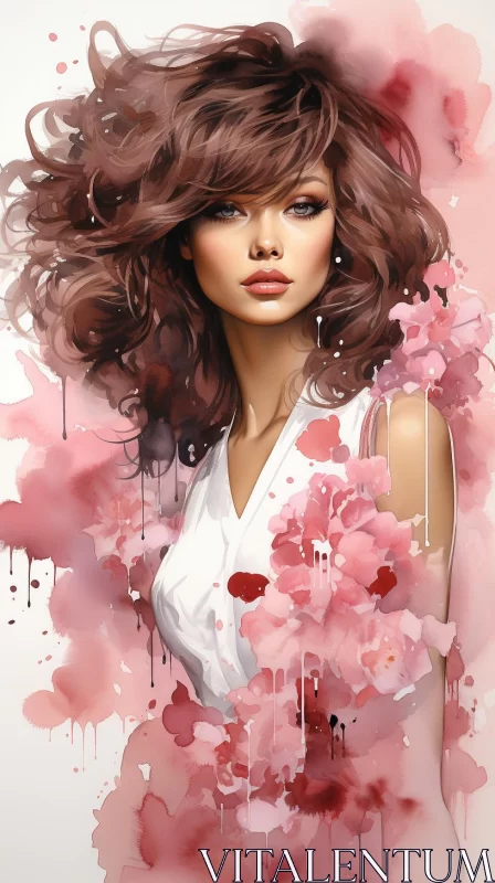 Woman with Floral Art: A Drip Painted Digital Illustration AI Image