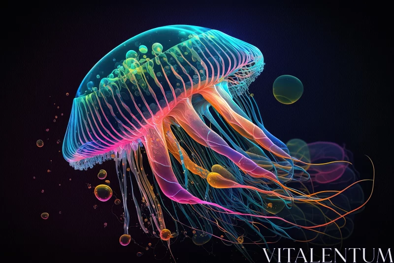 Luminous Jellyfish Amidst Colorful Bubbles: A Technological Art Perspective AI Image