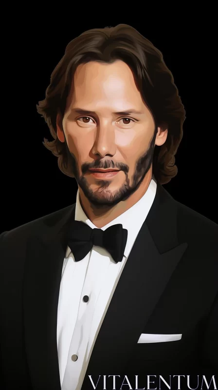 Illustrated Portrait of Keanu Reeves in Black Tuxedo AI Image