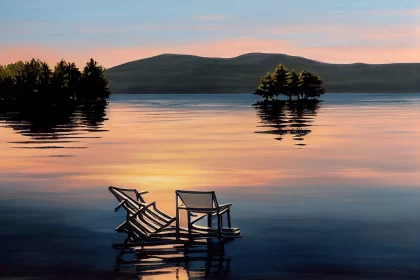 Peaceful Lake Sunset Painting with Two Chairs