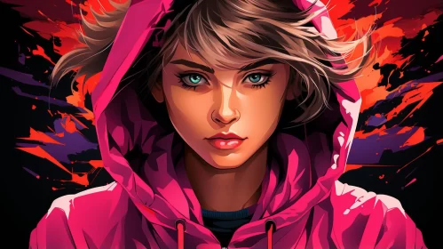 Pink Hoodie Girl: A Bold, Colorful Close-Up Portrait AI Image
