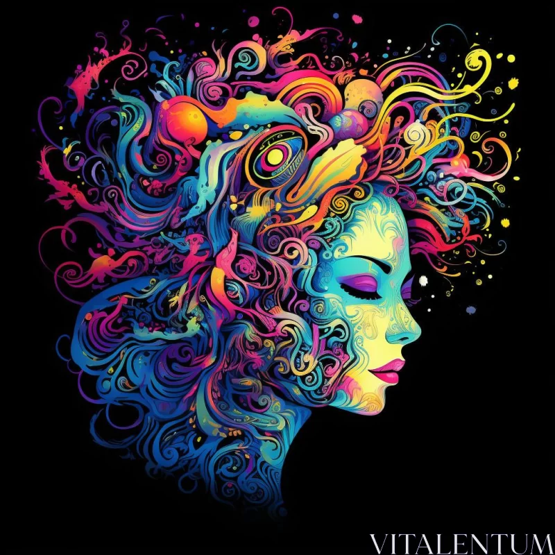 Psychedelic Portrait of Woman with Colorful Hair AI Image