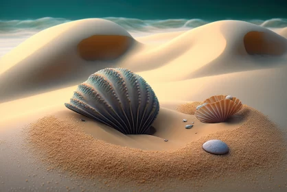 Surreal 3D Landscape with Seashells on Beach AI Image