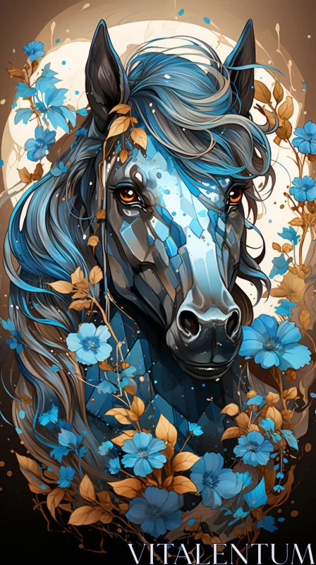 Blue Horse in Floral Fantasy: Detailed Character Illustration AI Image