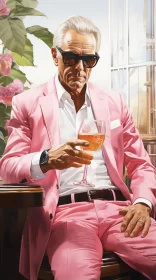Elegant Portrait of Man in Pink Suit with Wine Glass