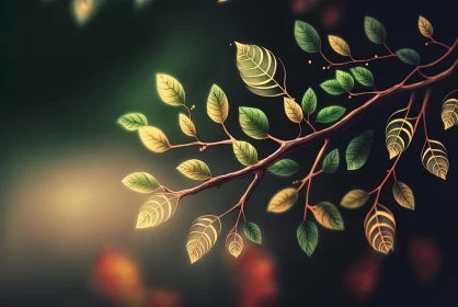 Enchanting Nature-Inspired Painting of Leaves on a Branch AI Image