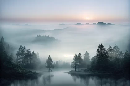 Foggy Lake in Mountain Forest - Contemporary Ethereal Landscape