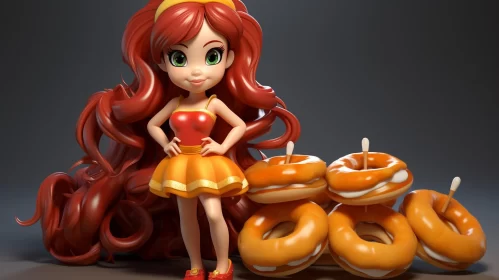 Girl with Long Hair in a Doughnut-Enriched Disney-like Scene AI Image