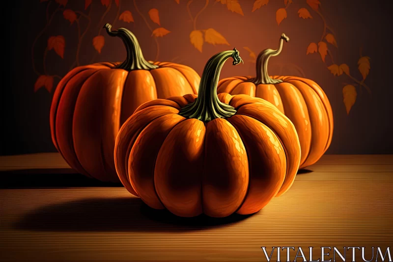 Illustrated Pumpkins on Table with Forest Backdrop AI Image