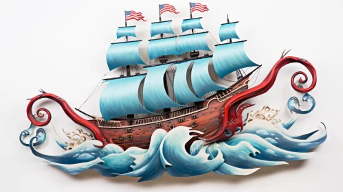 Paper Pirate Ship in a Crimson and Sky-Blue Seascape