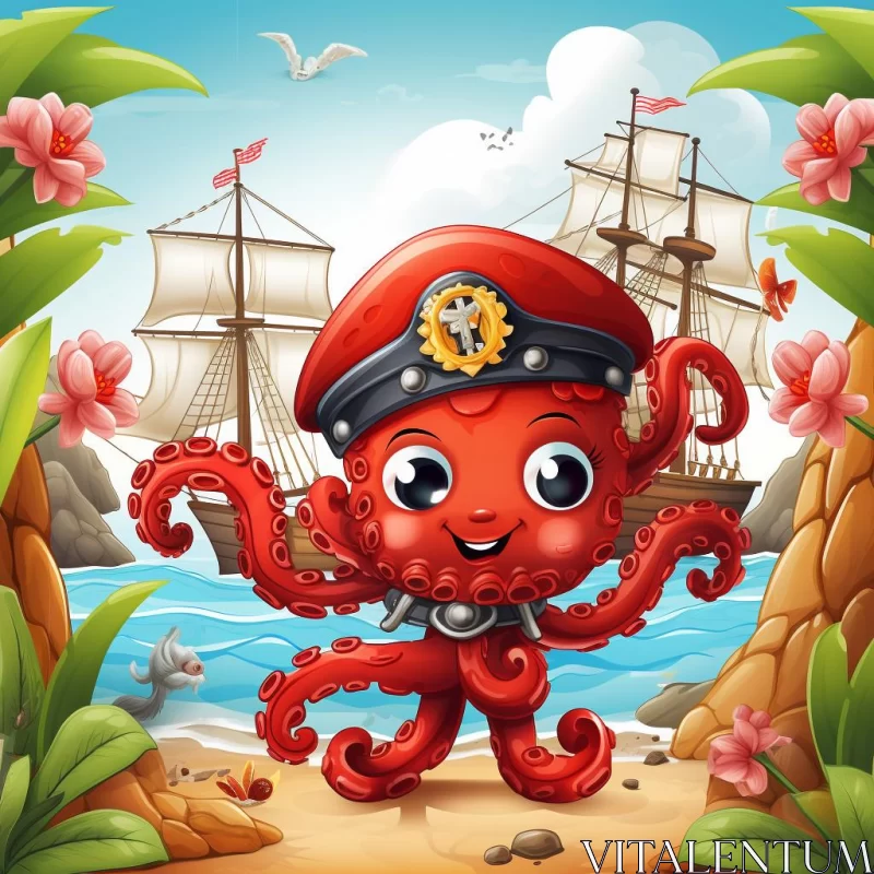 Cartoon Pirate Octopus: Nautical Adventure in Crimson Hues AI Image
