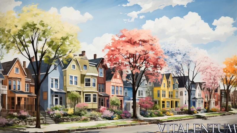 AI ART Picturesque Row of Colorful Houses with Cherry Blossoms