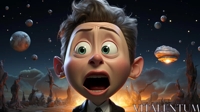 Shocked Cartoon Character in Apocalyptic Space Landscape