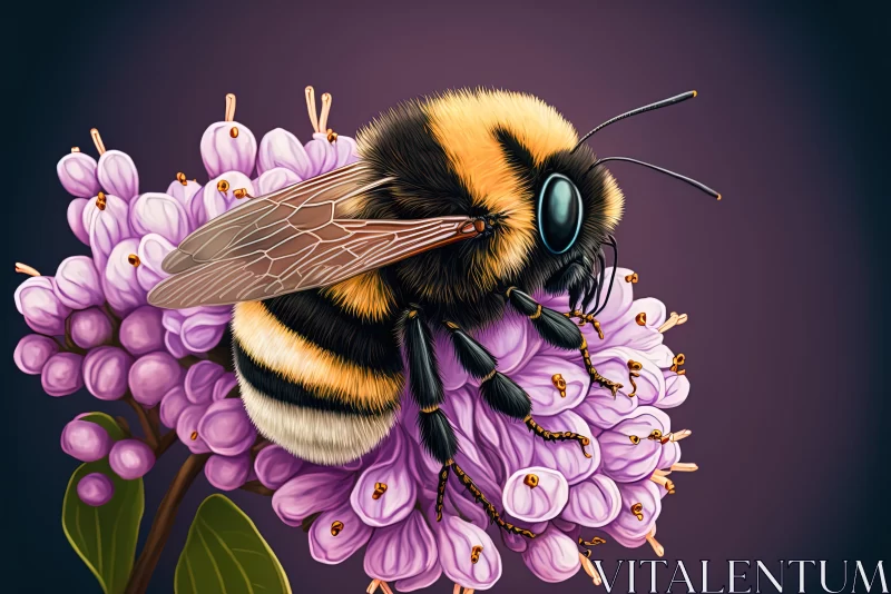 Detailed Bee on Purple Flowers - Artistic Illustration AI Image