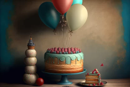 Intriguing Blend of Realism and Surrealism in Cake and Balloon Composition