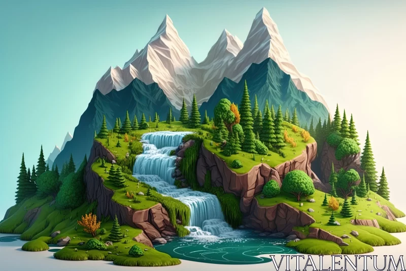Lush Valley with Waterfall and Forest - Low Poly Illustration AI Image