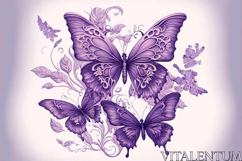 Purple Butterflies: An Ink Illustration with Baroque Flourishes AI Image