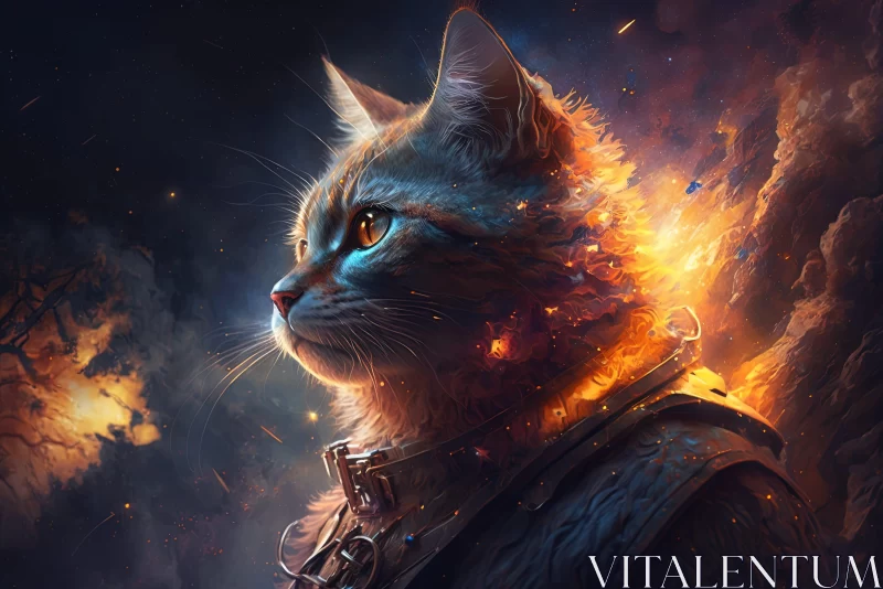 Armored Cat Amidst Flames: A Striking Illustration AI Image