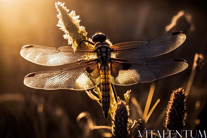 Dragonfly at Sunset: A Nature's Portrait in Amber and Black AI Image