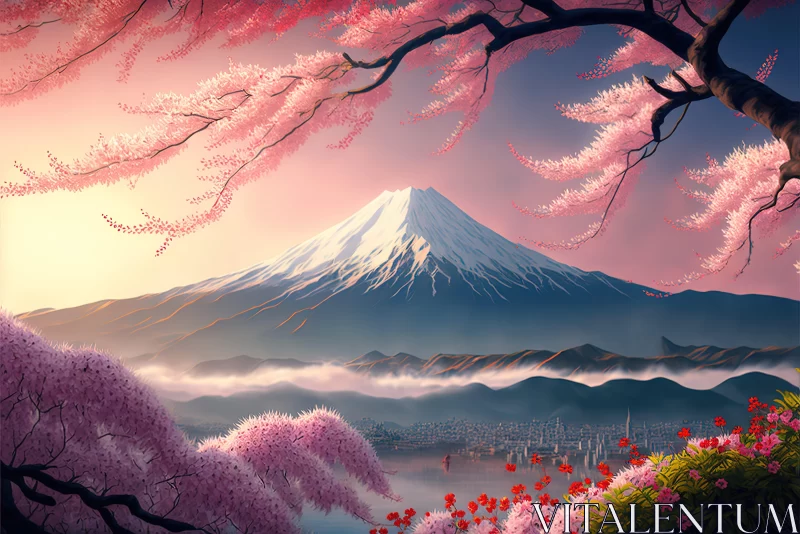 Japanese Cherry Blossom Over Mountain: A Fantasy Landscape AI Image