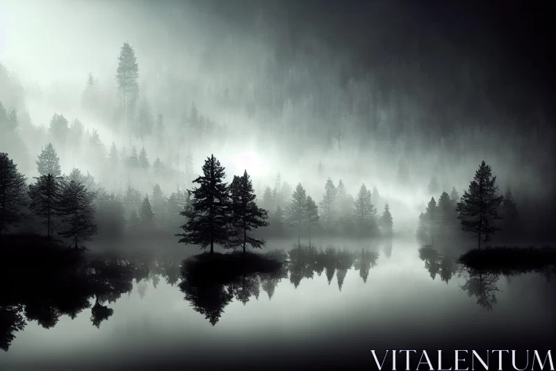 Mystic Forest Scene with Fog and Lake - Dark Fantasy Landscape AI Image