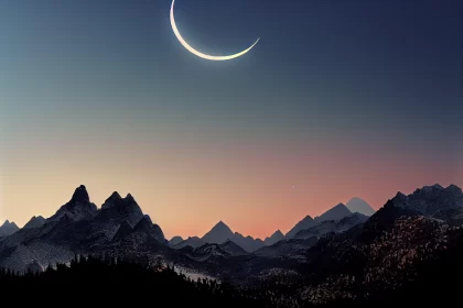 Serene Simplicity: Crescent Moon over Mountain Landscape