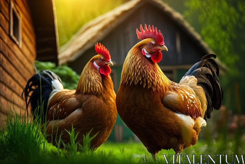Sunlit Roosters: A Nostalgic Portrait of Farm Life AI Image