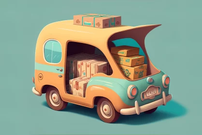 Travel-Inspired Cartoon Van with Boxes - Artistic Illustration