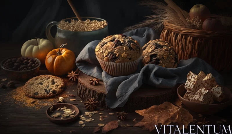 Dark and Moody Autumn Still Life with Muffins and Pumpkins AI Image