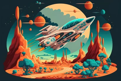 Spaceship Journeying Towards a Desert - Vintage Pop Art Illustration AI Image