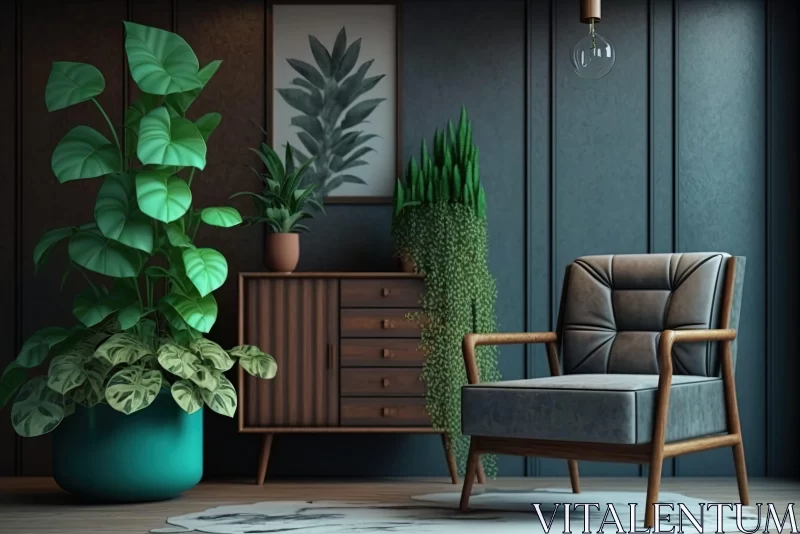Stylized Cabincore Interior with Dark Wooden Furniture and Potted Plants AI Image
