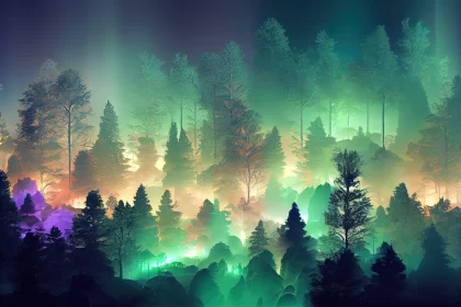 Enchanting Forest Landscape Bathed in Emerald and Cyan