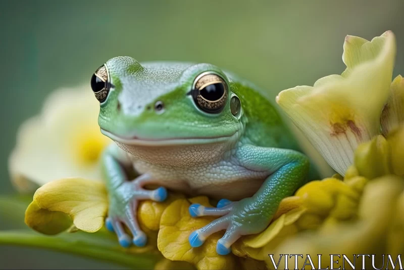 AI ART Green Tree Frog on Yellow Flowers - A Dreamy Nature Capture