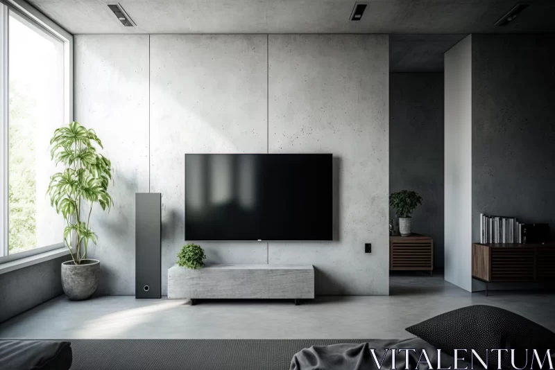 Minimalist Living Room with Concrete Floors and Large TV AI Image