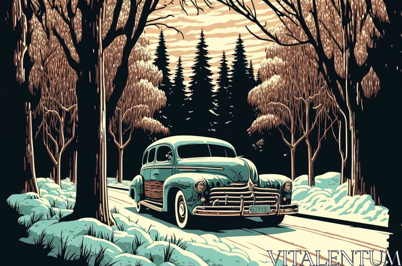 AI ART Vintage Car Journey Through Snowy Woods - Art Deco Style