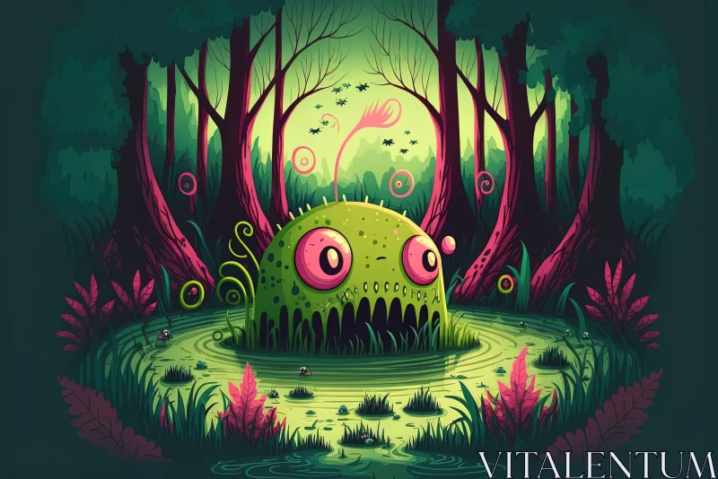 Animated Monster in Psychedelic Swamp Landscape AI Image
