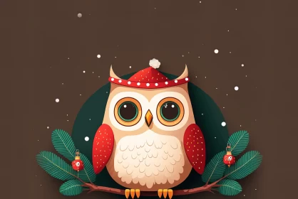 Charming Christmas Owl on Tree Illustration AI Image