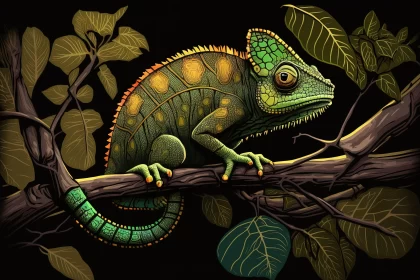 Chiaroscuro Style Chameleon Portrait on a Branch AI Image