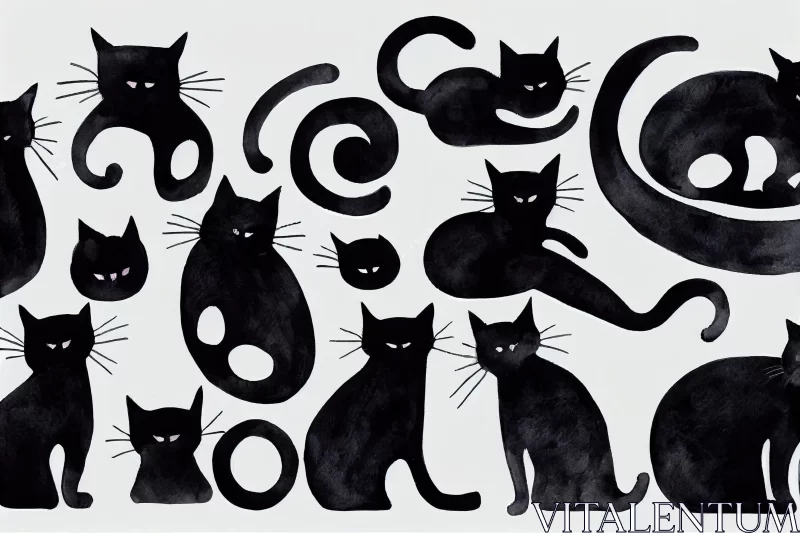 Collection of Black Cats - A Whimsical Watercolor Illustration AI Image