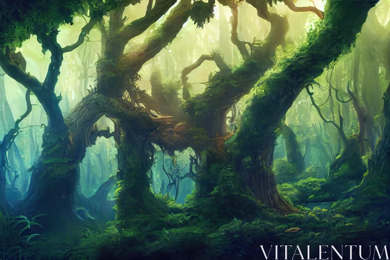 Enchanting Realms: A Mossy Forest in Dark Cyan AI Image