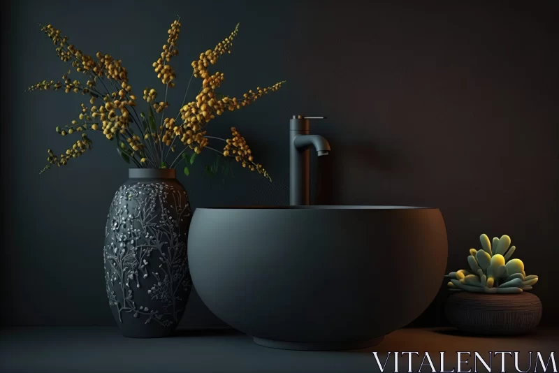 Intricate Black Bathroom with Plants and Experimental Pottery AI Image