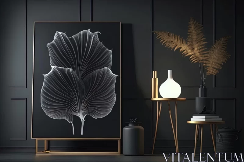 Intricate Neon Art Nouveau in Modern Interior: Black Leaf 3D Rendering AI Image